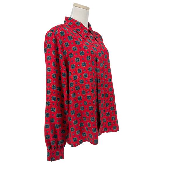 Vintage 1980s Satin Jacquard Printed Button Front Shirt Women 16 XL Red Brocade - Picture 2 of 10